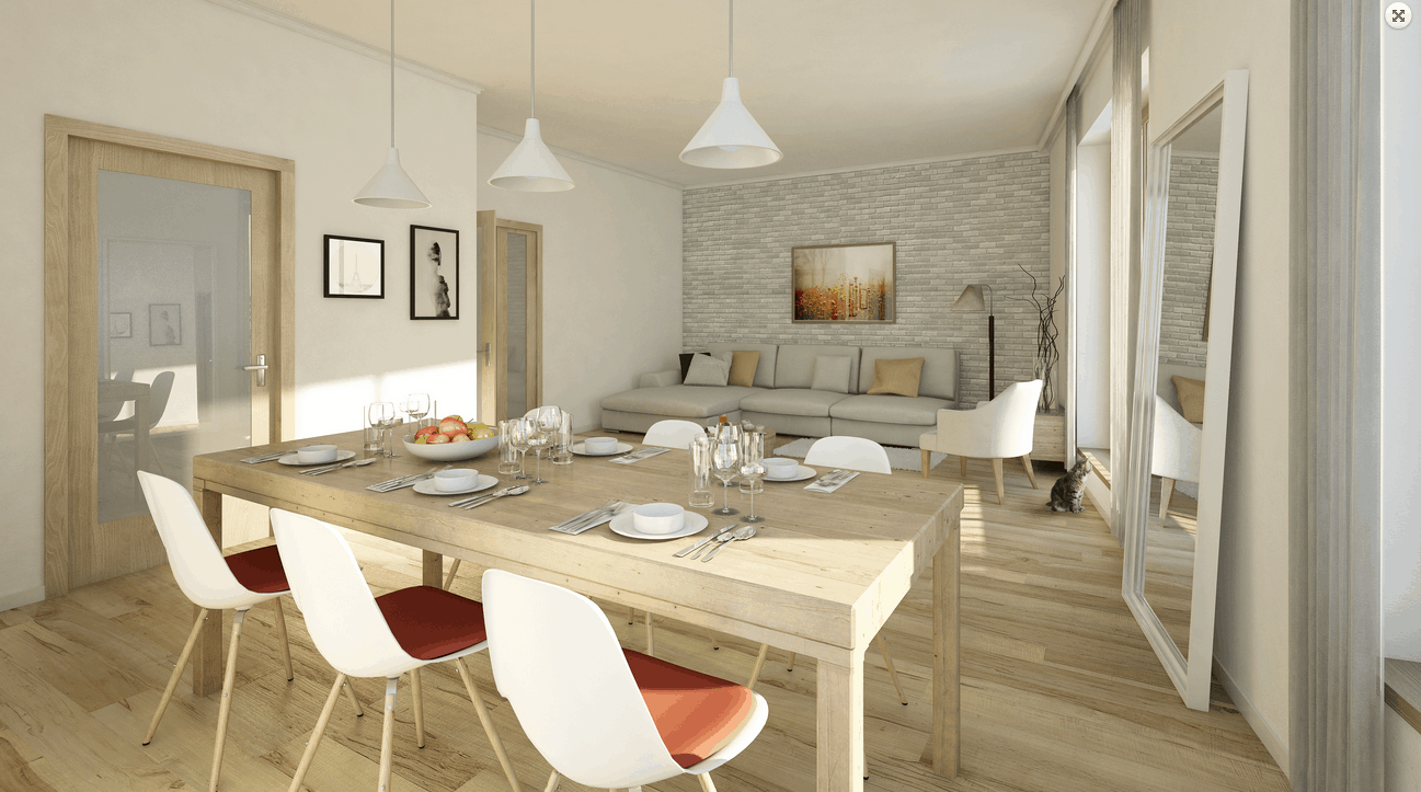 Moderní byt s dřevným dekorem, prostřeným stolem a kočkou na zemi