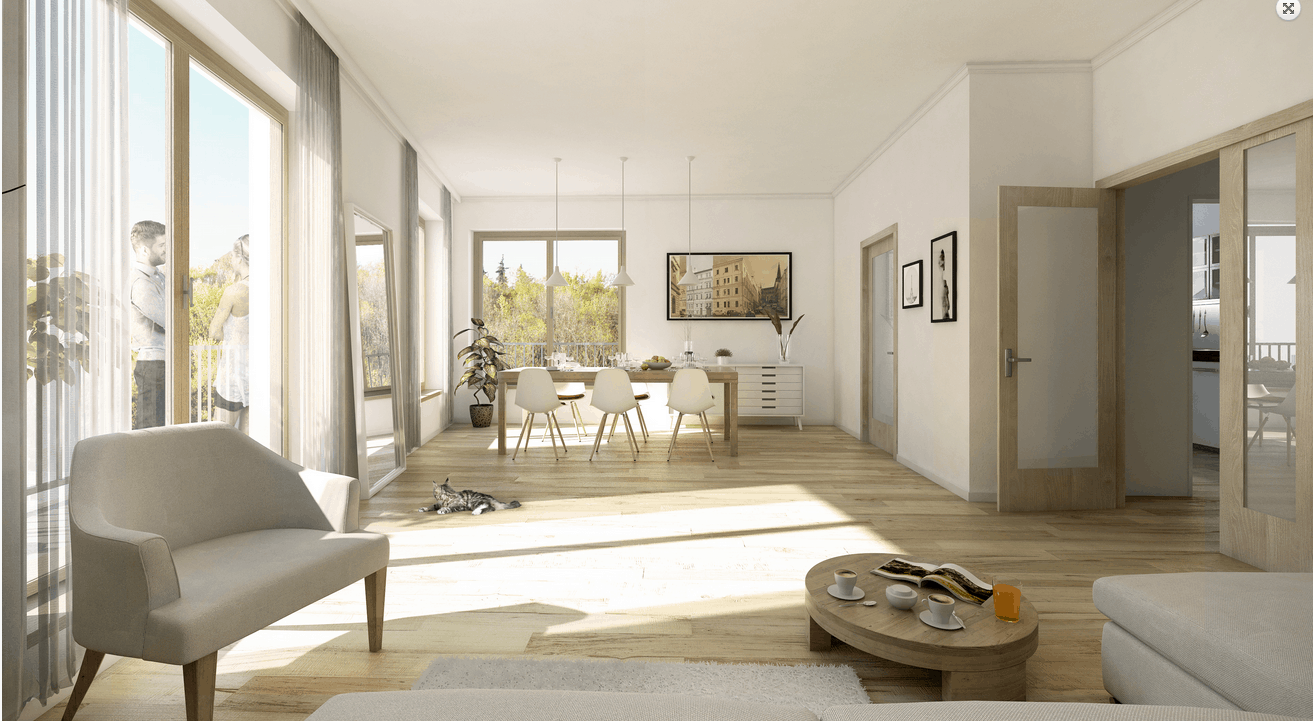 Moderní byt s dřevným dekorem a kočkou na zemi