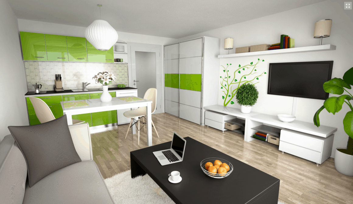Moderní byt s vybavenou kuchyní, stolem a televizí na stěně