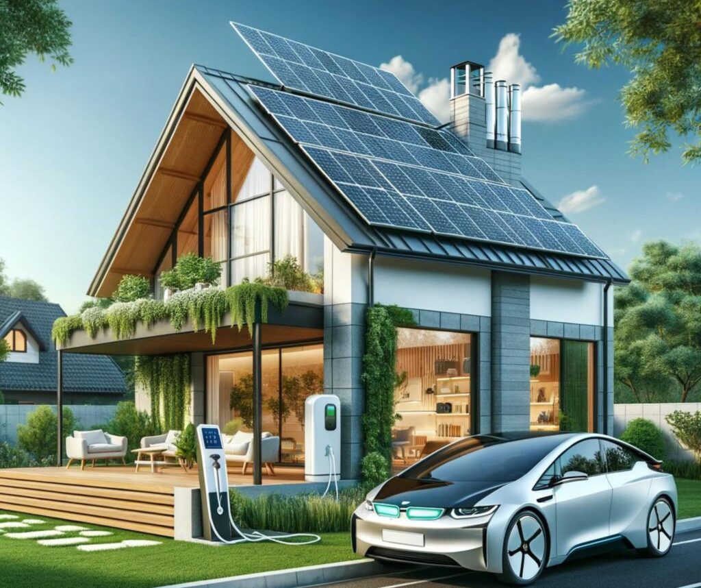 moderní dům s elektroautem, solárními panely, ekologie